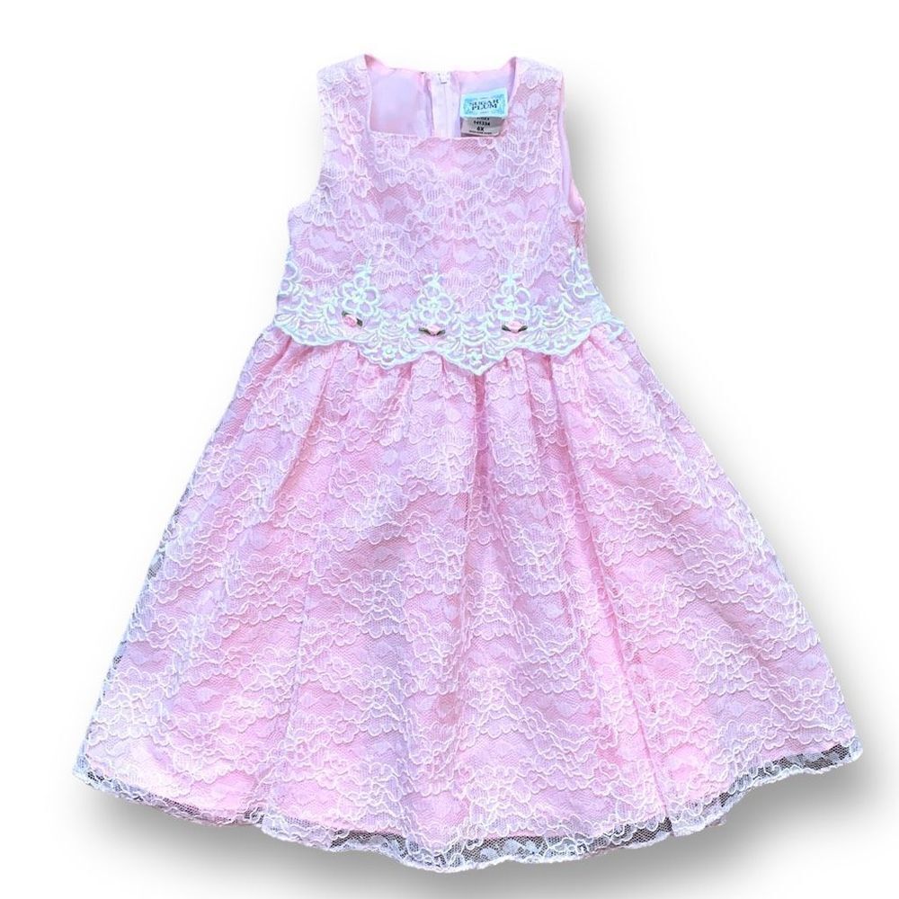 Vintage Sugar Plum Dress Sleeveless Pink Floral Lace Rosette Appliqué Tie Bow